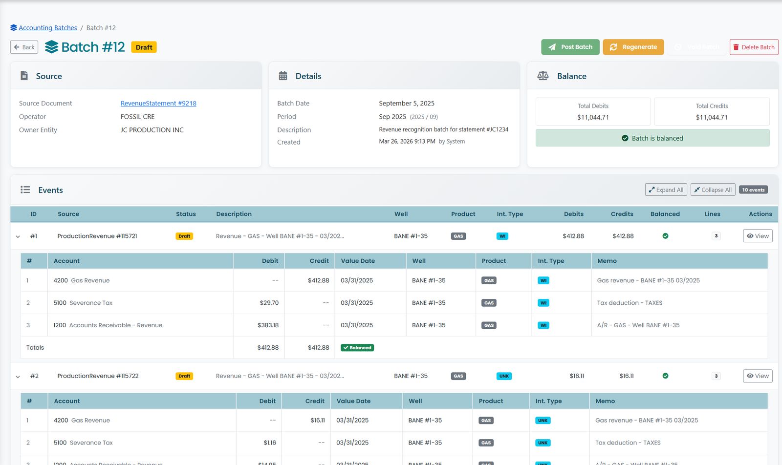 Balanced accounting batch with generated journal entries