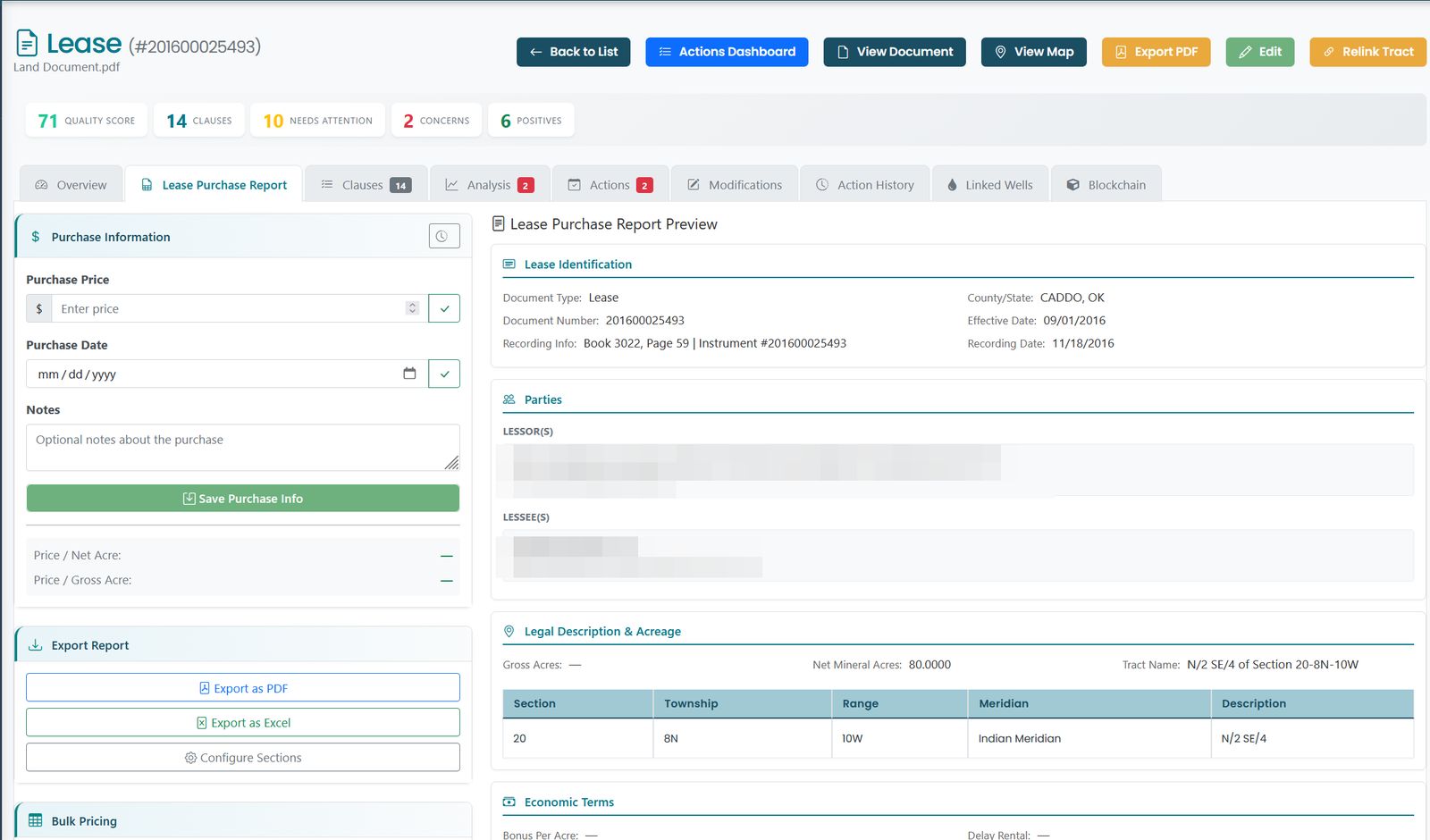 Lease intelligence: clause extraction, quality score, purchase report, and recording details