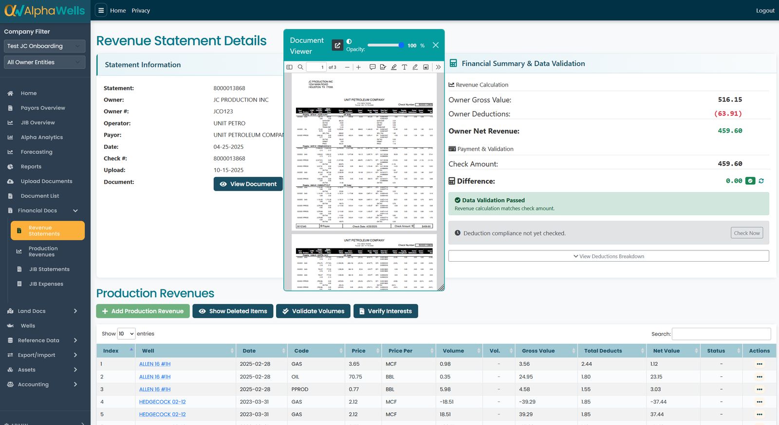 Revenue statement details with side-by-side document viewer and penny-perfect validation