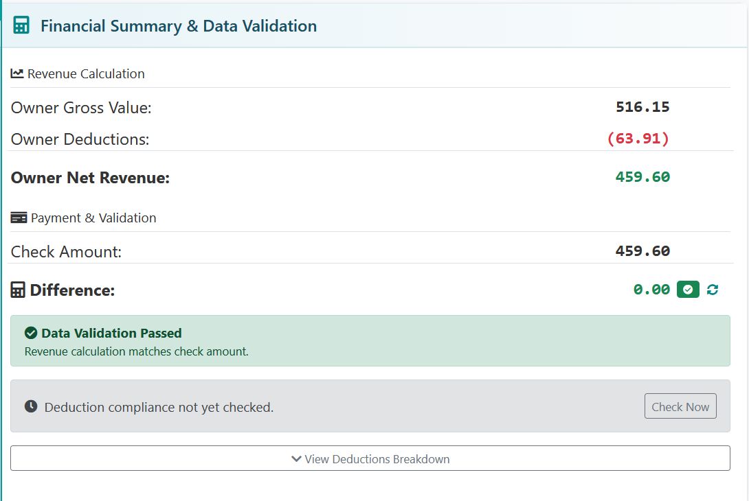 Financial summary and data validation: revenue calculation matches check amount